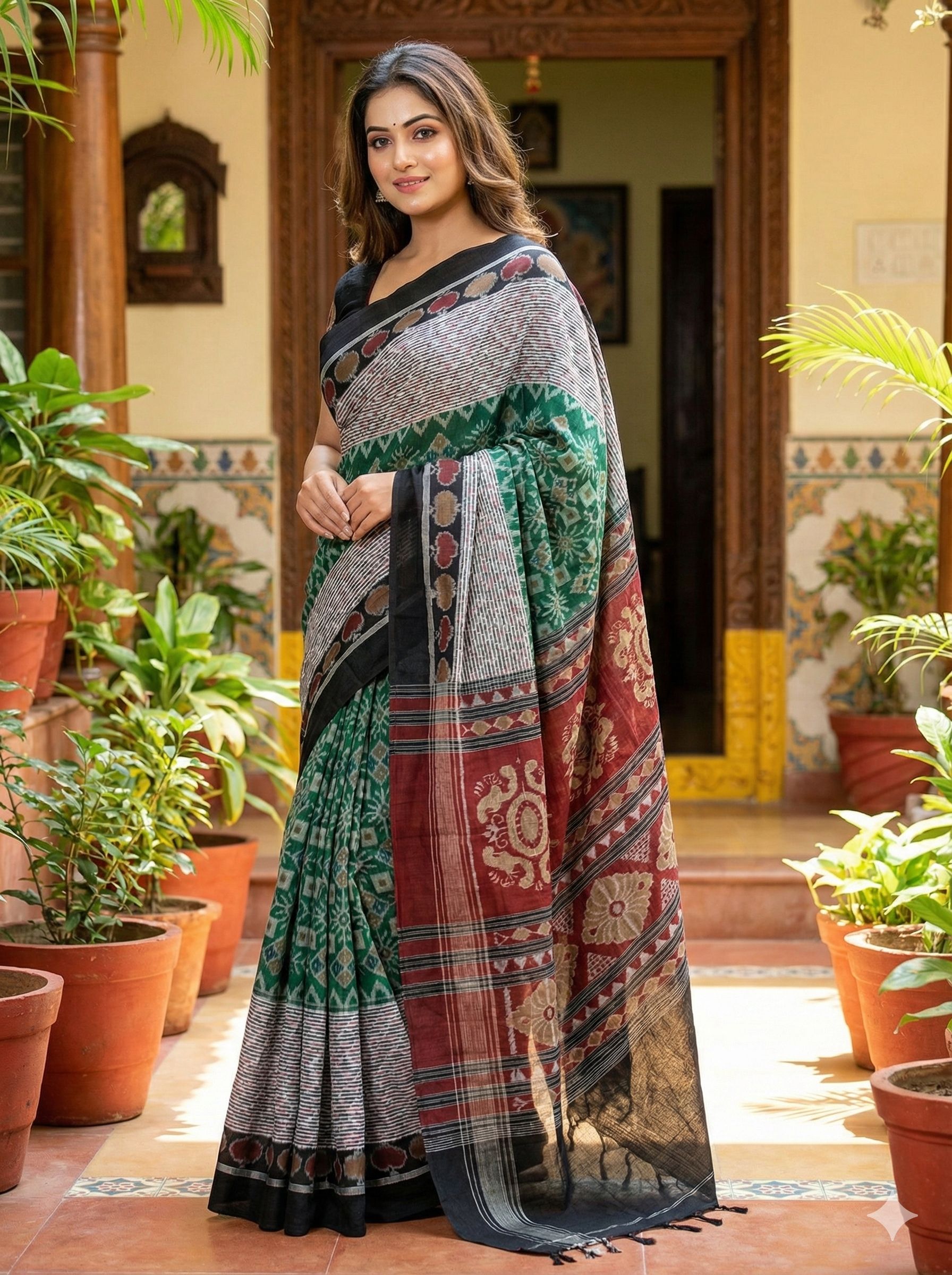 Green Black Printed Design Sambalpuri Cotton Saree with BP